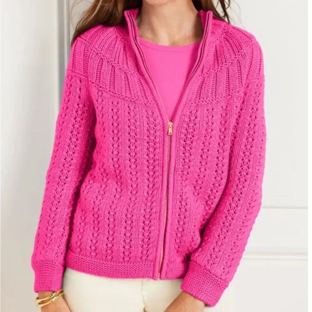 NWT Talbots Sz L *Stunning Pink* Mixed Stitch Zipper Cardigan Sweater